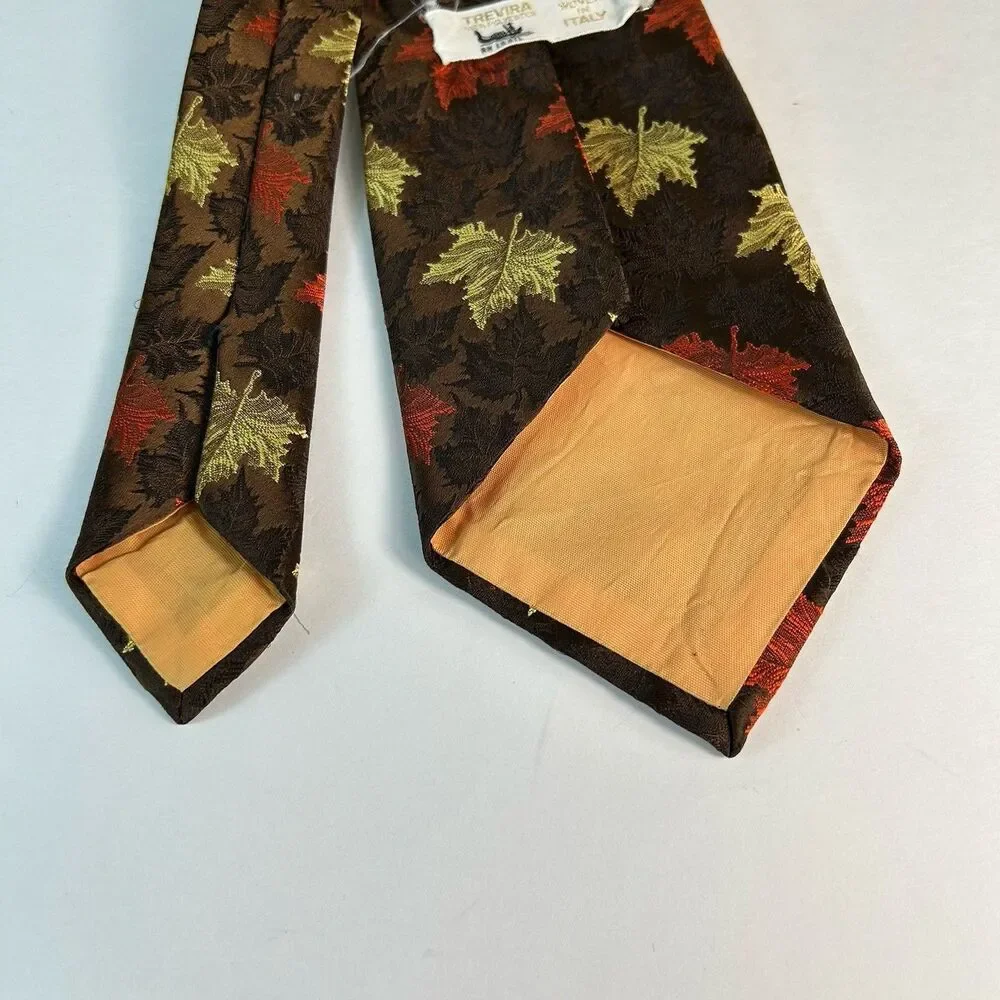 Trevira Italy Men’s Brown Orange Gold Vintage Maple Leaf Print Tie